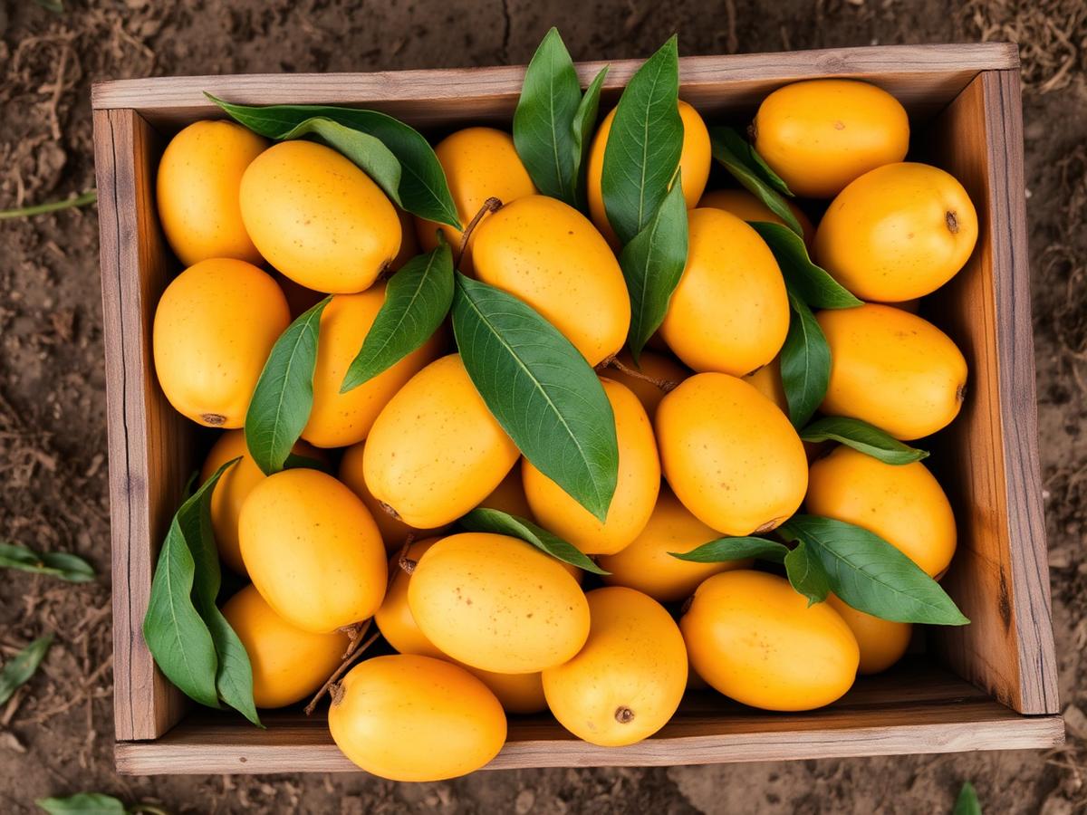 Wooden crate full of handpicked mangoes