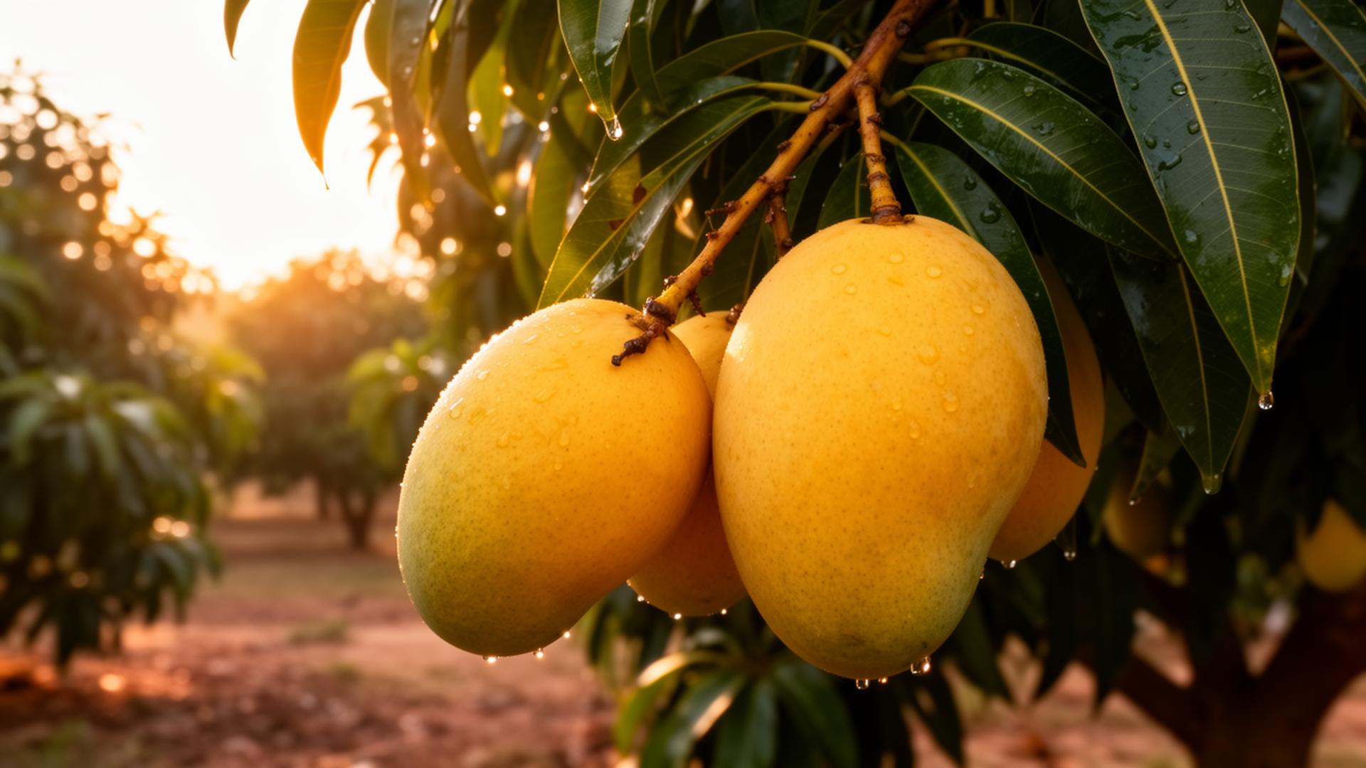 Ripe mangoes hanging on the tree at sunrise